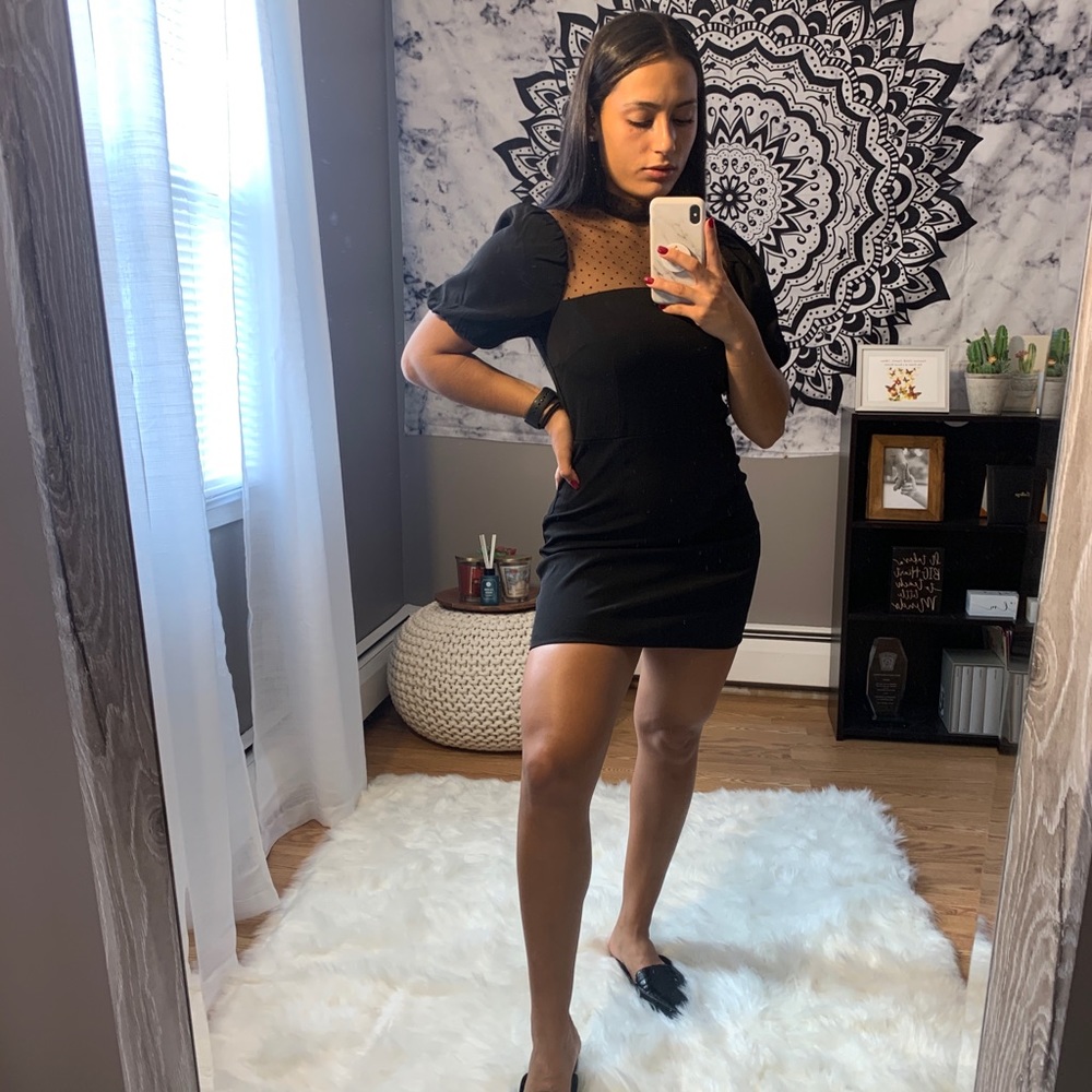 Forever 21 Black Puff Sleeve Mesh Dot Mini Dress